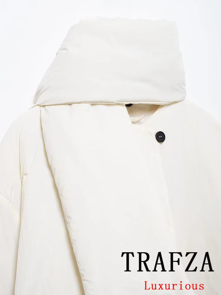 TRAFZA Casual Oversized Solid Scarf Women Jackets Single Breasted Pockets Thick Short Coats Fashion 2024 Autumn Winter Outwears