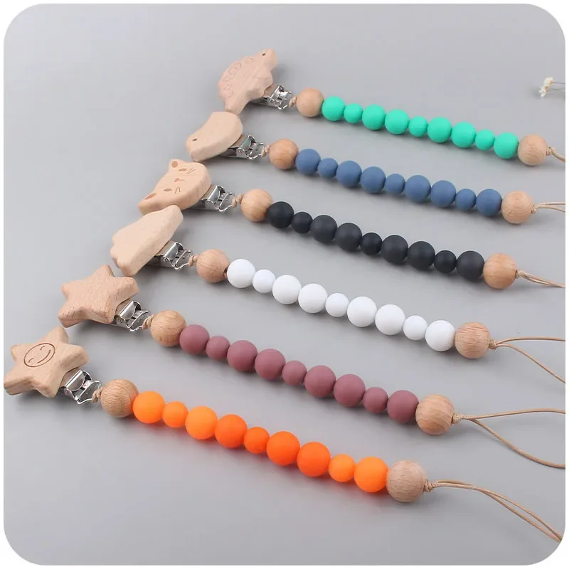 Baby Pacifier Clip Wooden Teethers Bracelet SetSilicone Beads Infants Teething Toy Anti-lost Chain Cartoon Star Cloud Cat