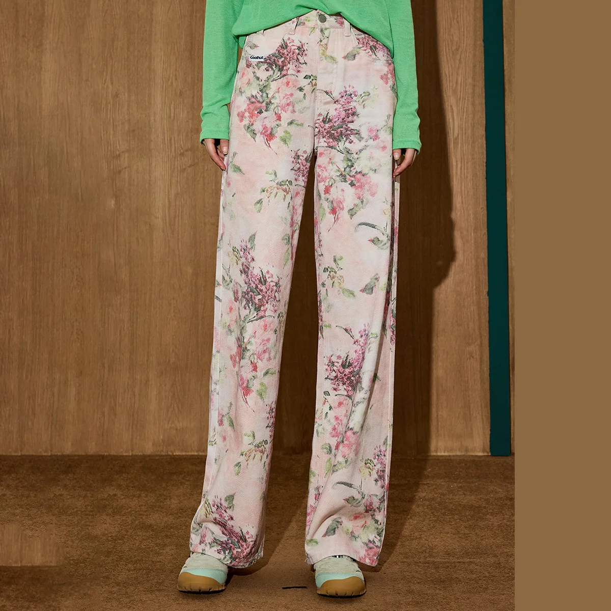 Coolhut 2025 floral impressão jeans feminino outono cintura alta calças de perna larga oriental tinta lavagem denim calças artísticas corte reto
