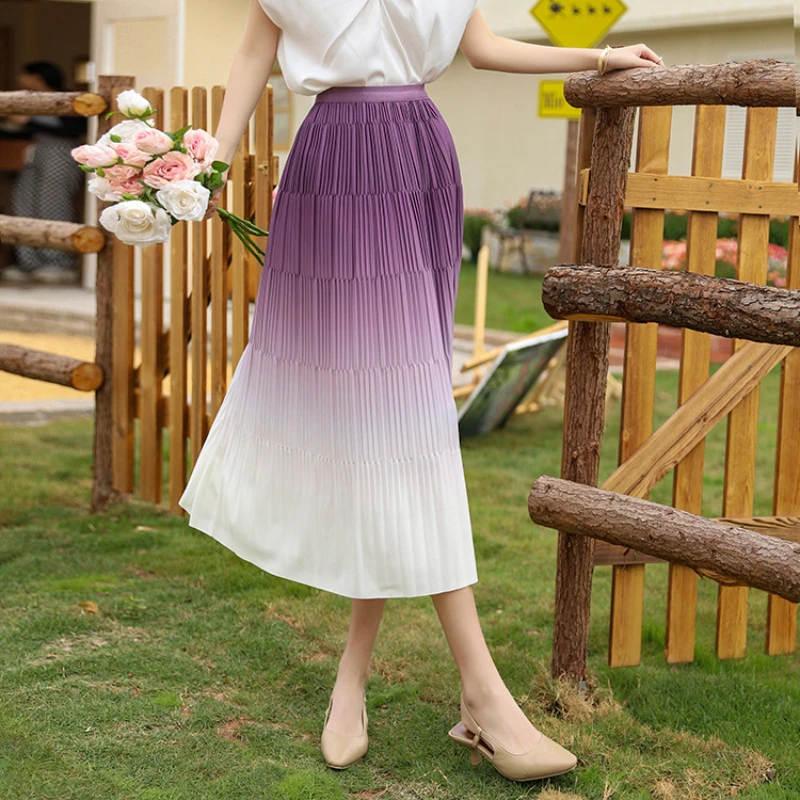 

Gradient Color Mesh Midi Skirt for Women Spring 2024 New Slimming Draped Pleated Skirt Double Sides Wearing