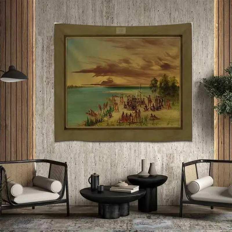 VIKAMA Retro Lakeside Cultural Landscape Tapestry, Classical Art Wall Hanging, Oil Painting Wall Decor for Room Decor