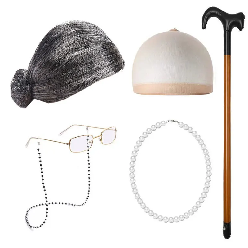 Old Lady Costume Accessories for Kids Girls 100th Day of School Costume with Grandma Glasses Necklace Wig Granny Cane Dress Up