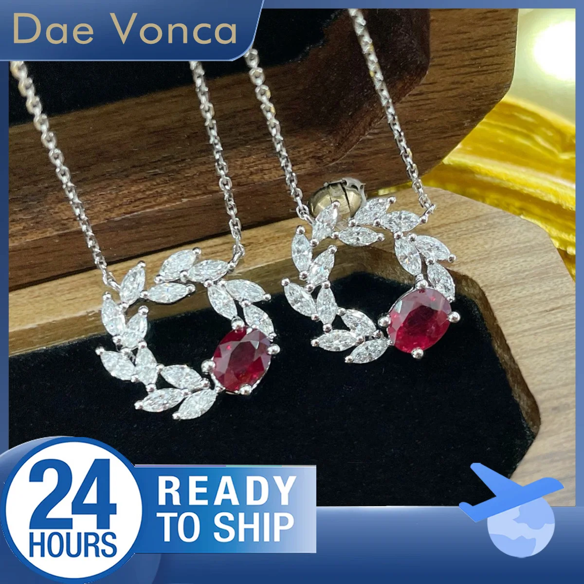 

Olive Branch Shaped Center Stone Oval Cut Natural Ruby Accented By Marquise Diamond 18K White Gold Pendant Necklace