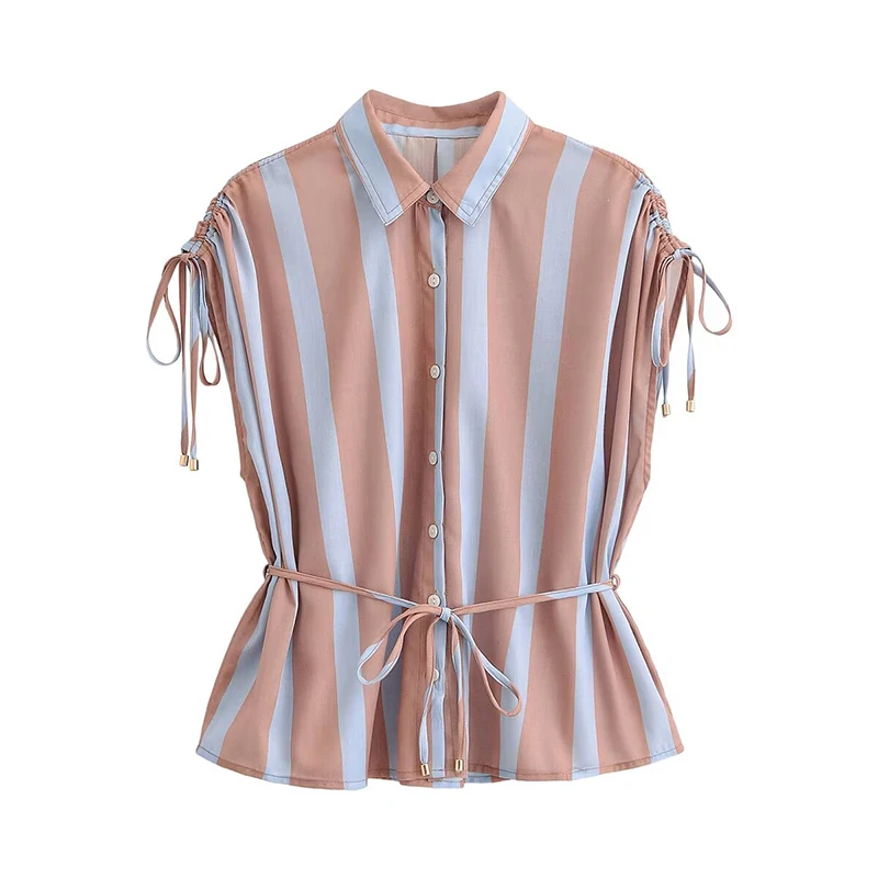 

YENKYE Женская полосатая рубашка без рукавов с воротником-лацканом, на пуговицах спереди, с поясом, повседневные летние топы