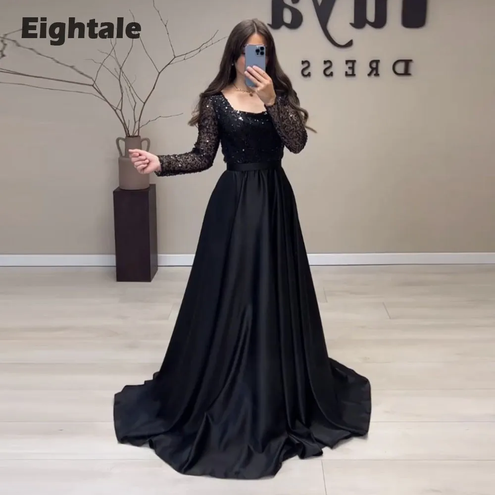 Eightale-V-Neck فساتين سهرة من الساتان ، وأكمام طويلة ، وخرز لامع بالترتر ، وa-line ، والحفلات الراقصة ، فستان حفلات الزفاف ، عتيق