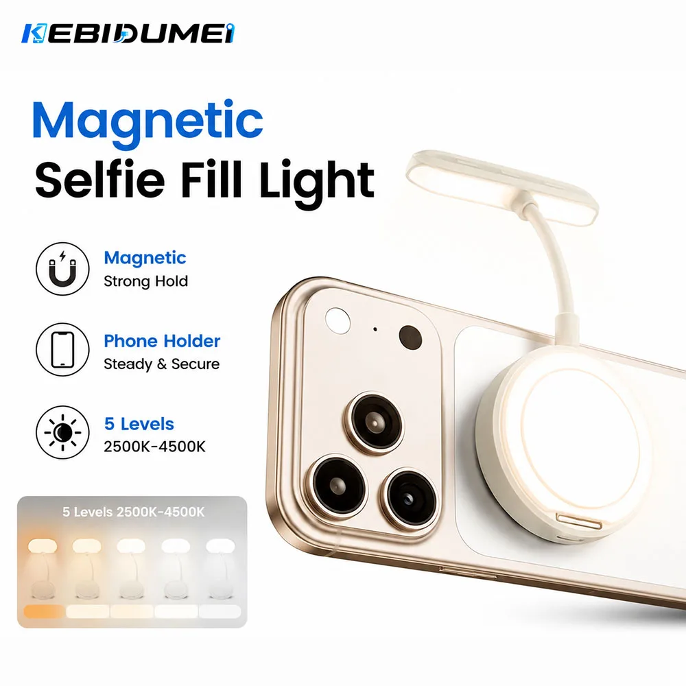 KEBIDUMEI Magnetic Flexible Selfie Fill Light Phone Holder 360 Adjustable 3 Color Temp Reading Light for Travel Vlog Makeup