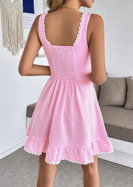 

Summer New Lace Patchwork Collar Plaid Print Sweet and Fresh Sleeveless Dress for Women, Cute Girl Waist Cinching Dress