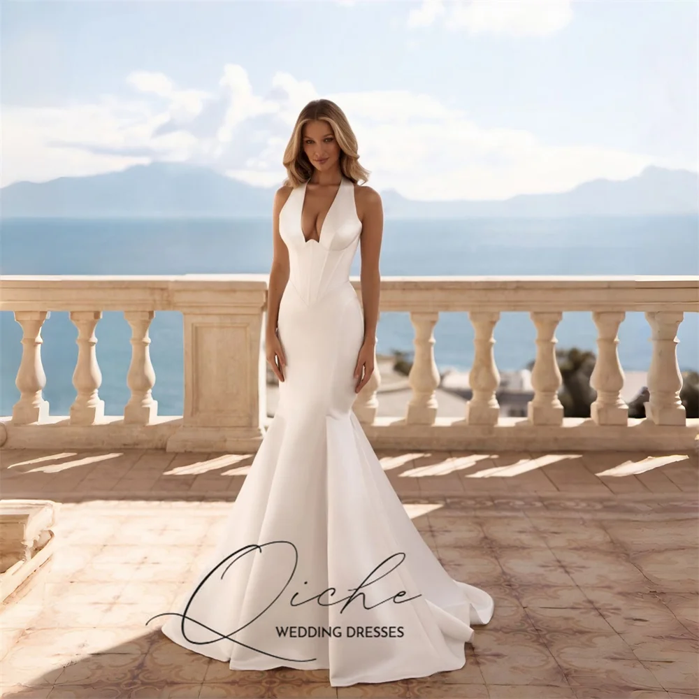 

QICHE Classic Satin Mermaid Wedding Dresses Women 2026 Halter Sleeveless Open Back Bridal Gown Vestidos De Noiva Customized