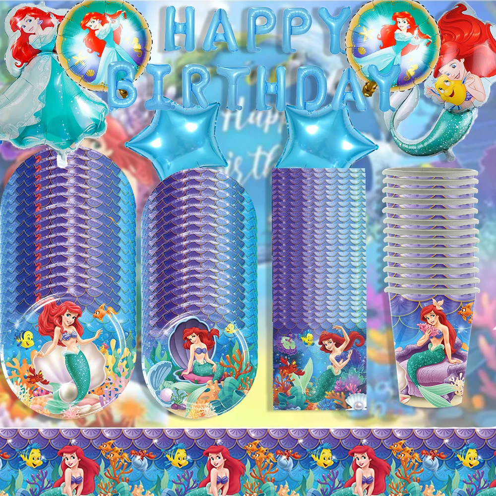 

Disney Mermaid Princess Ariel Girl's Birthday Party Decorations Disposable Tableware Paper Plate Balloons Baby Shower Supplies