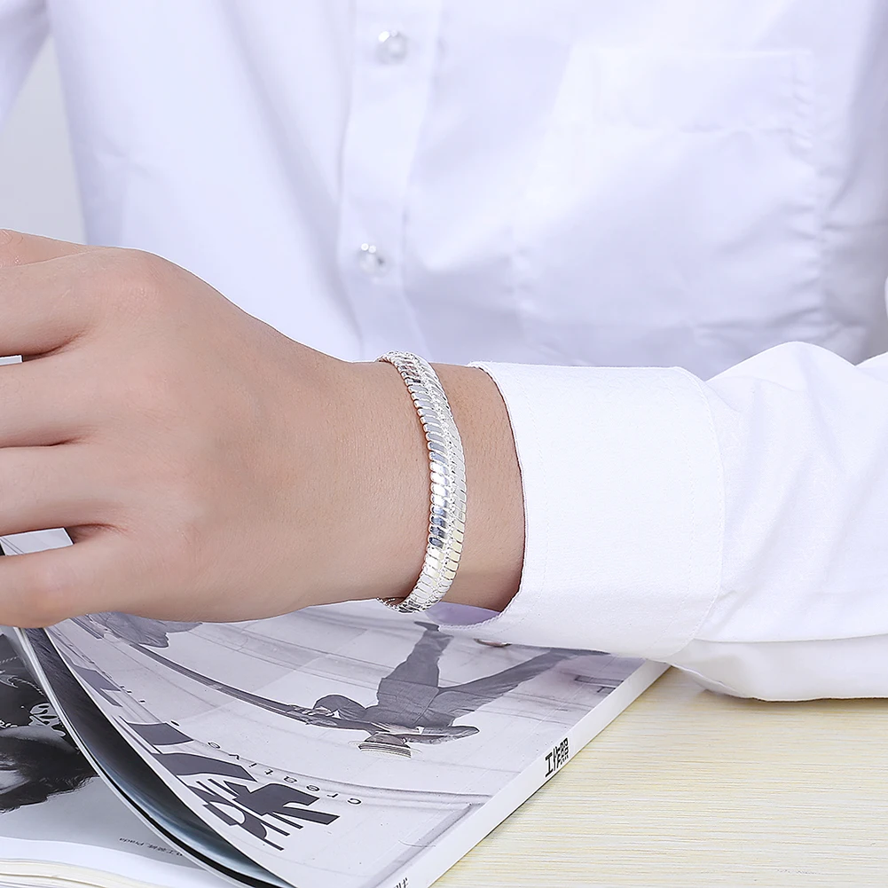 Hot 925 bransoletki ze srebra wysokiej próby 10MM płaskie łańcuszek wężykowy z kości dla mężczyzn klasyczne wesele dzikie prezenty świąteczne biżuteria