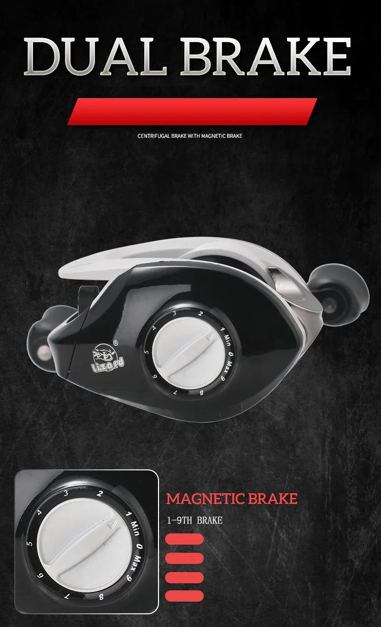 Lizard Magnetische Zentrifugal-Doppelbrems-Baitcasting-Angelrolle mit Metallspule und -griff, 8 kg maximale Bremskraft, 7,2:1 Übersetzungsverhältnis – Detail 5