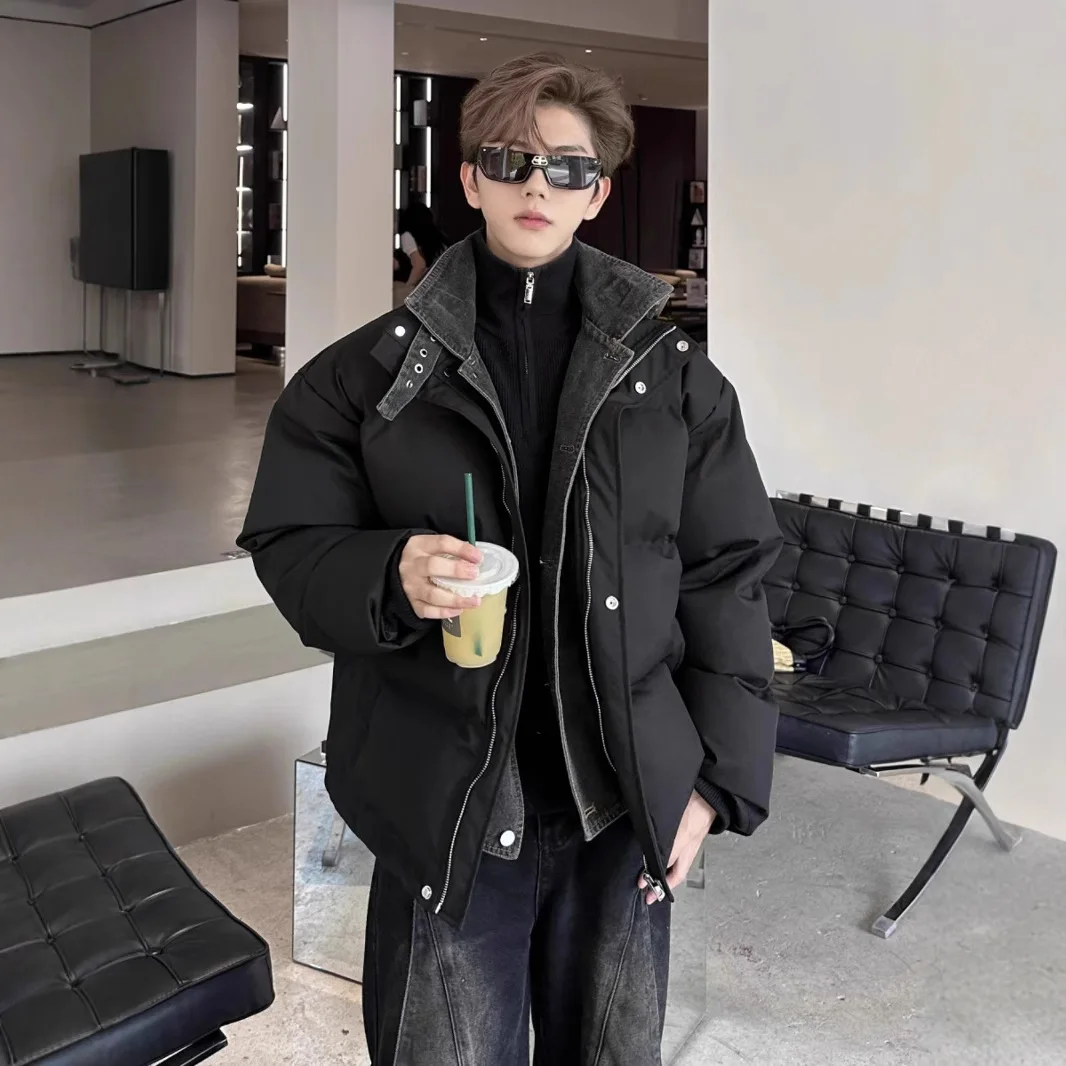 

2025 New Winter Warm Cotton Jacket Men Denim Fake Two Piece Stand Collar Casual Puffer Coat Autumn Parka