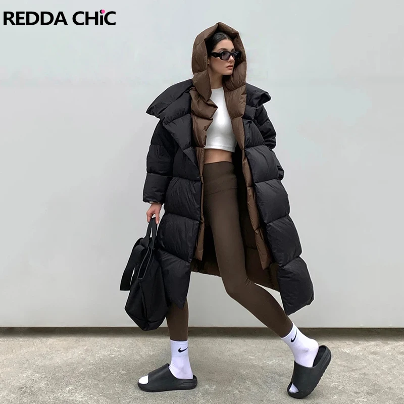 

REDDACHiC пушистые двухцветные пуховые пальто с капюшоном, свободные повседневные парки из двух предметов, толстая длинная куртка-пуховик, теплая зимняя женская верхняя одежда