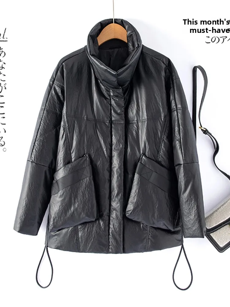   เสื้อโค้ทหนังแท้ Ning สำหรับผู้หญิง ฤดูหนาว หนังแกะ ความยาวปานกลาง สีขาว ขนเป็ด ไซส์ใหญ่ ทรงหลวม