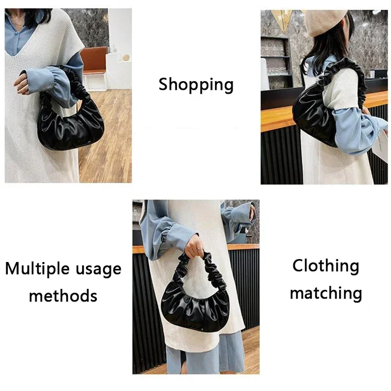 Summer Pleated Handlebags for Women PU Leather Bags Leisure Armpit Designer Bag Shopping Shoulder Bags Dumpling Handbag Female