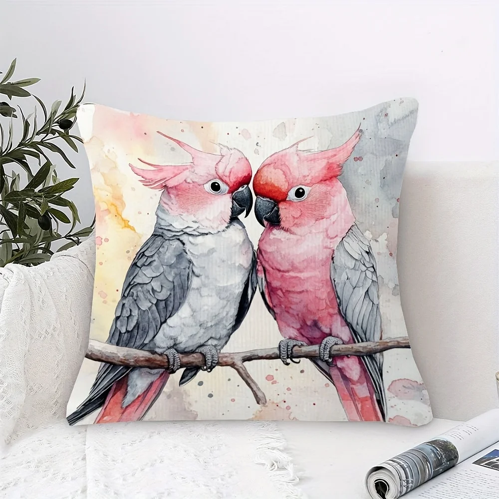 Watercolor Galah Cockatoo Pillow Case Double-Sided Pink and Grey Parrot Cushion Cover, Artistic Bird Decor for Sofa Living Room