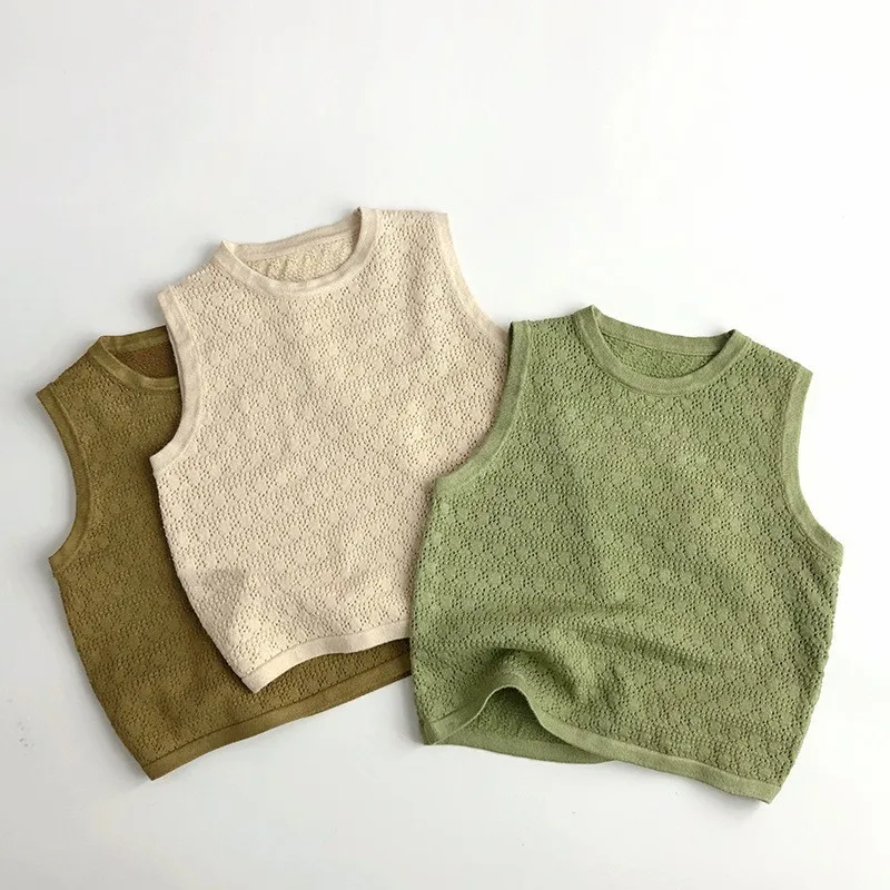 2025 Summer New Children Sleeveless Knitted Vest Baby Boy Girl Hollow Out Casual Sweater Coat Kids Toddler Soft Breathable Tops
