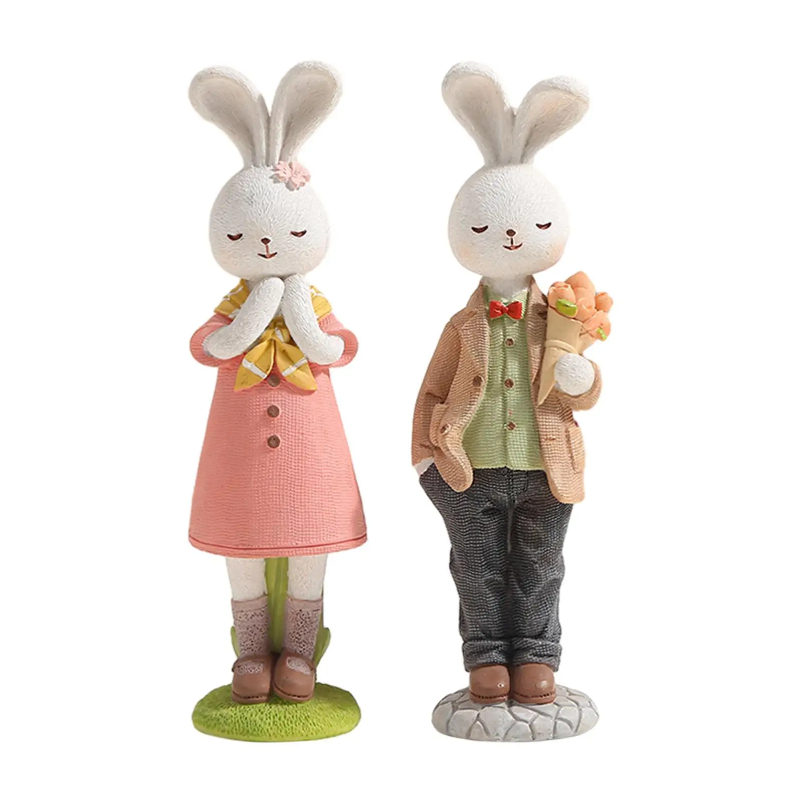 2x Easter Couple Bunny Figurines Easter Gift Cute Creative Cartoon Ornament Animal Sculpture for Cabinet Lawn Table Yard Office