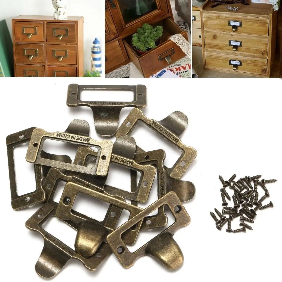 Classic Antique Brass Label Tag Holder, 10PCS, Vintage Design, Suitable for File Cases, Cabinets, and Jewelry Boxes