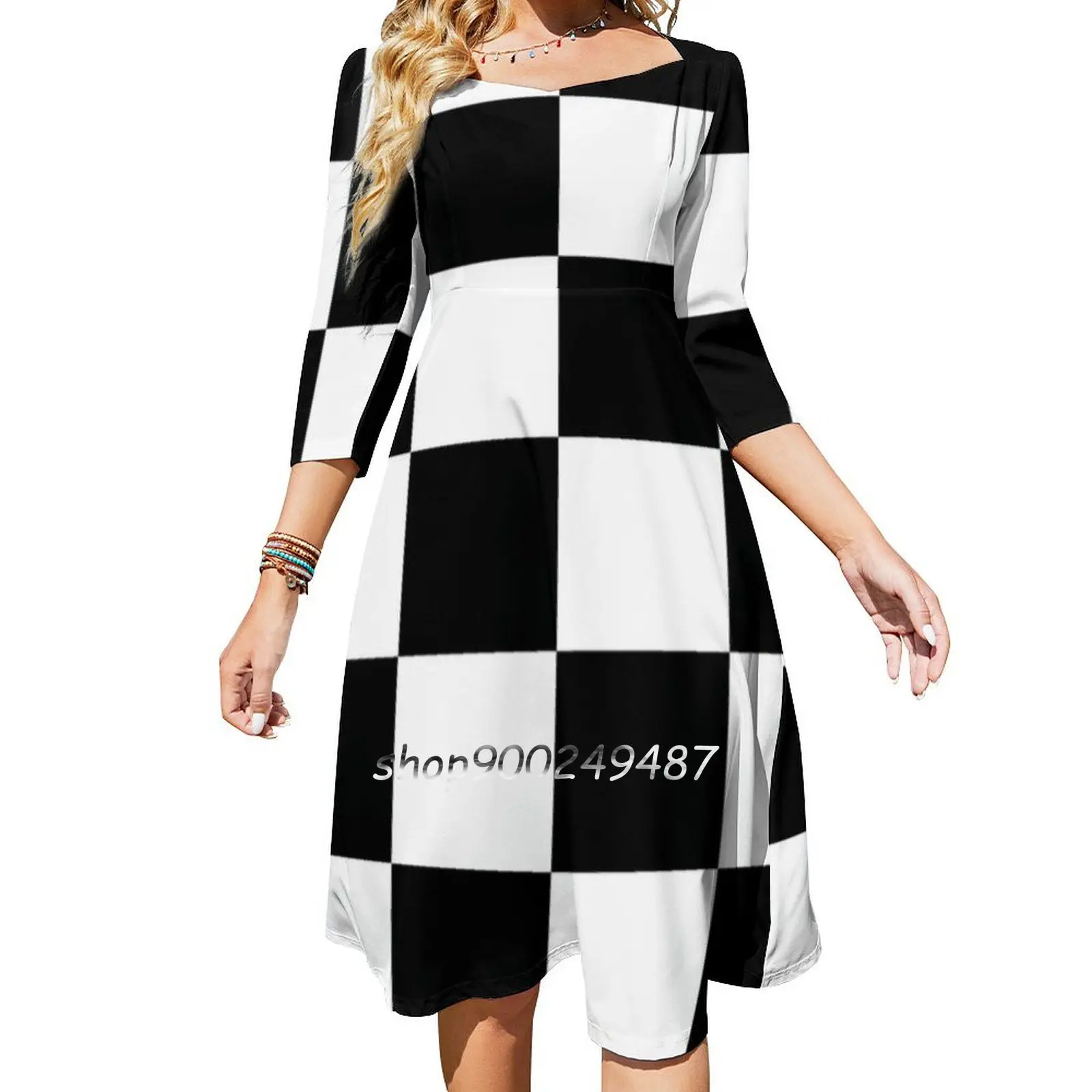 Ska Music Black And White Check Socks Square Neck Dress Cute Loose Print Dresses Elegant Beach Party Dress Checks Checkered