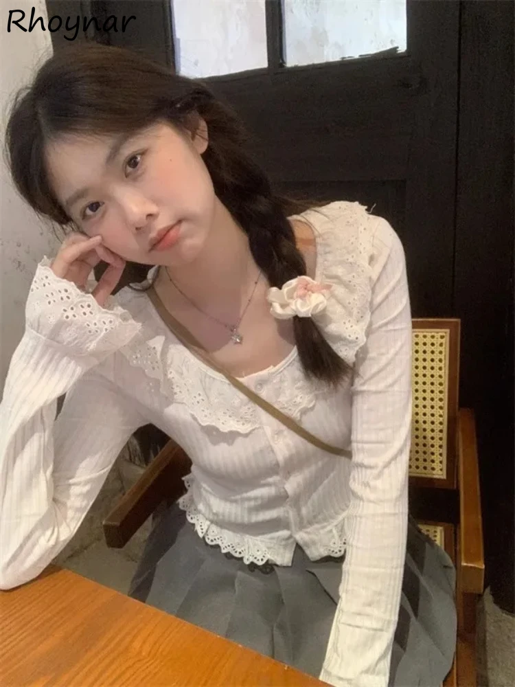 Casual Ruffle Long-sleeve T-shirts Spring Sweet Lovely Lace All-match Students Slinky Defined Waist Slim Chic Ulzzang Aesthetic