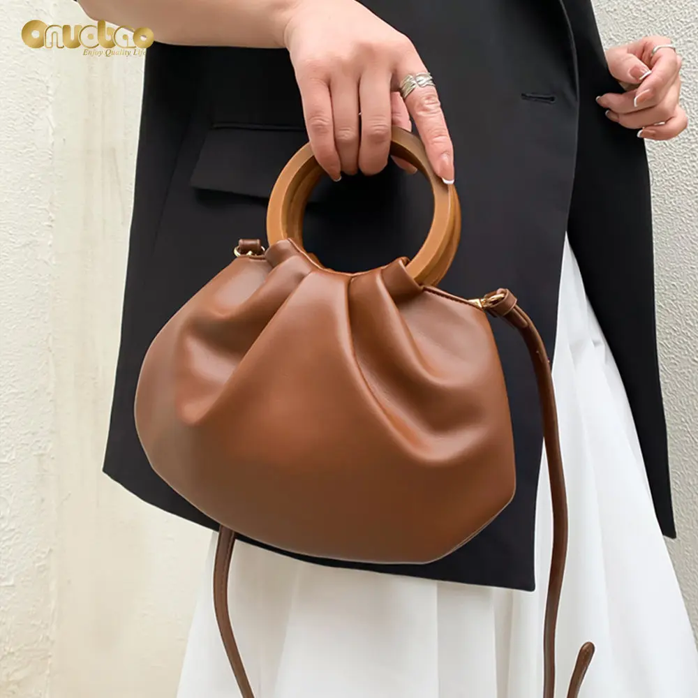 Cloud Bag Bag for Women Fashion Pleated Small Bag Wooden Handle Simple Tote Bags for Ladies