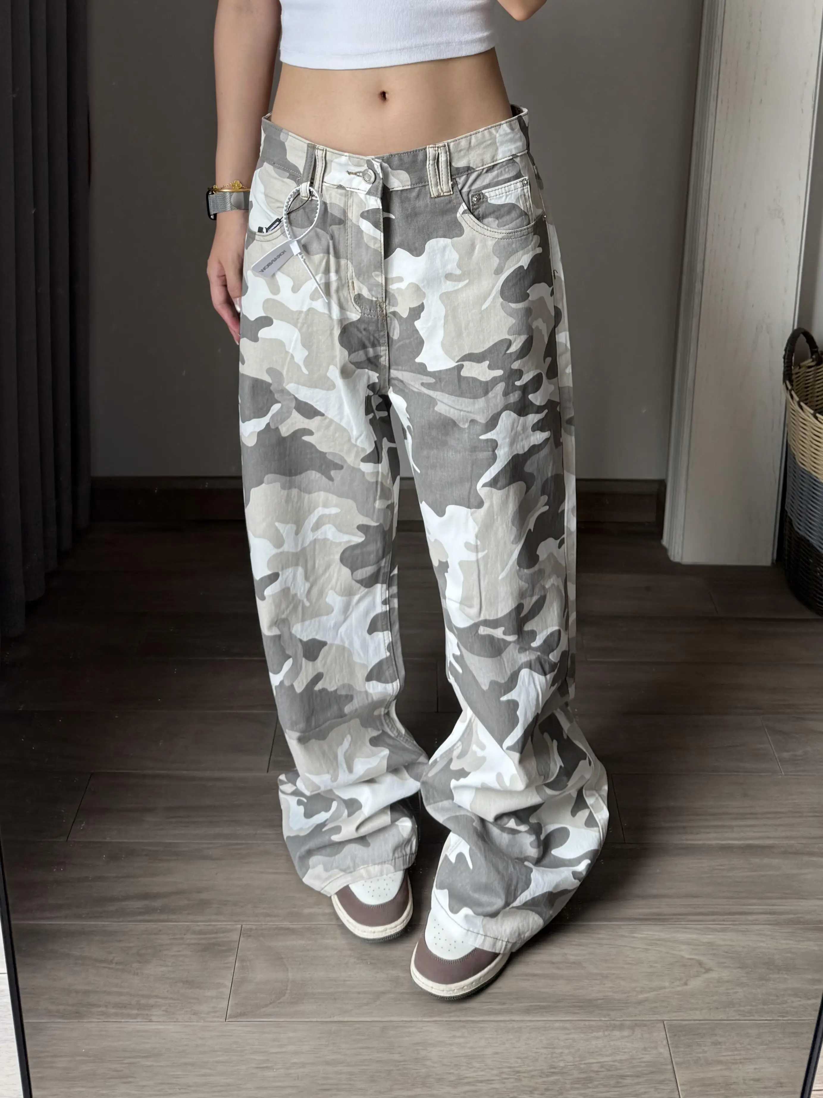 Washed Denim Straight Leg Wide Leg Jeans Men's Women's Casual Commute All-Match Camouflage Long Pants American Style Baggy
