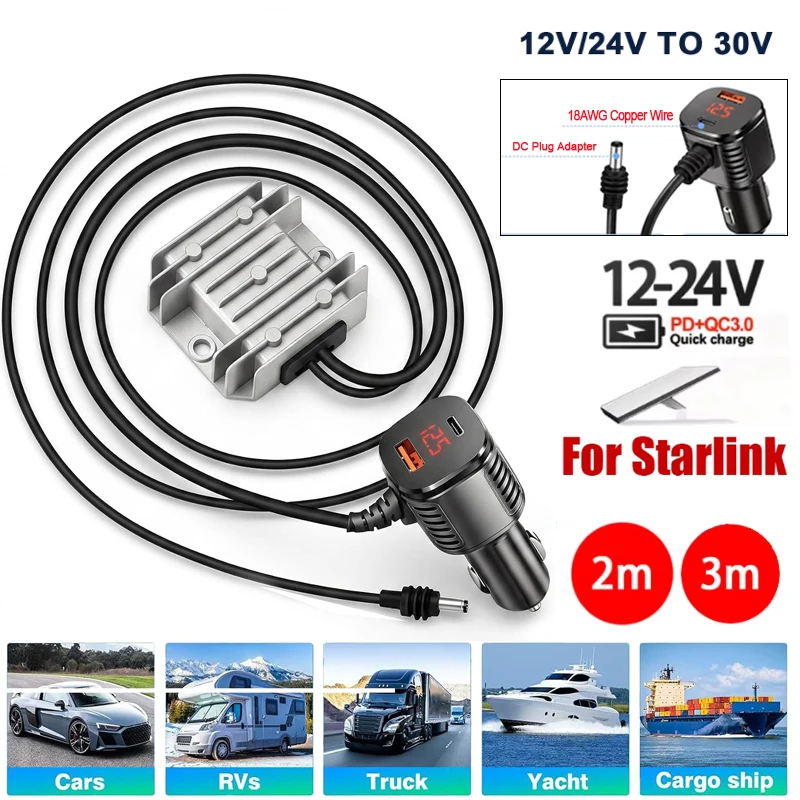For Starlink Mini Car Adapter 12V/24V to 30V 3.5A Step Up Converter Waterproof with Voltmeter Cigarette Lighter Adapte for Truck