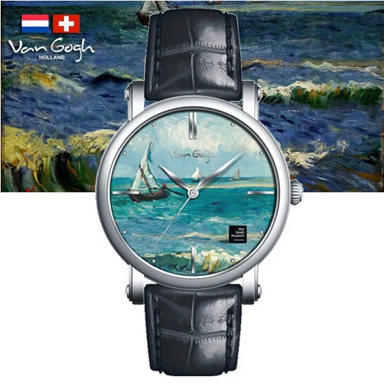 Van Gogh Sunflower Oil Painting Dial Quartz Watch for Women Swiss Movement 36mm Gold Case White Leather Strap image 3