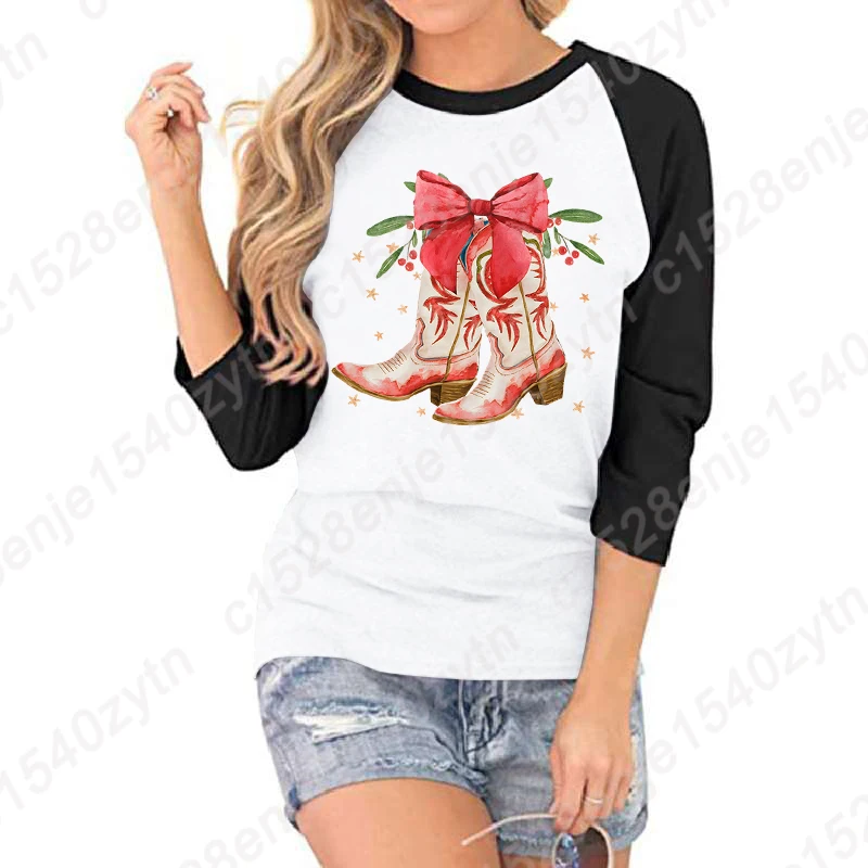 Christmas Boots Bow Print T-Shirts Women Seven Sleeves Shirt Funny Round Neck Three Quarter Sleeve Shirt Casual Loose Summer Top