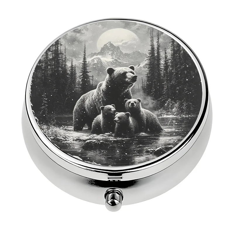 1 metal pill box with a grizzly bear winter wilderness design - compact capsule storage box with a locking lid and bear-shaped cover, suitable for travel and daily medication - an ideal gift for nature lovers (adults) - cute pill box
