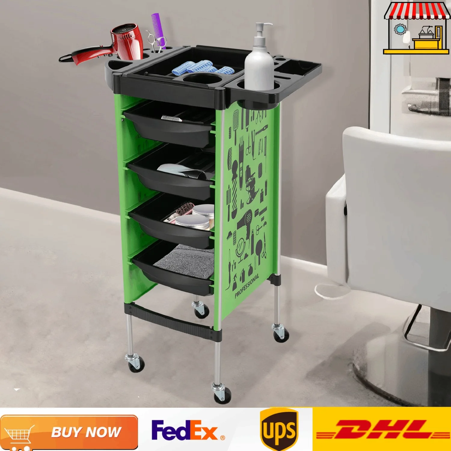 4-Drawer Hair Salon Trolley Hairdressing Tool Rolling Utility Cart with Wheels Hairdryer Holder White/Black/Green/Red