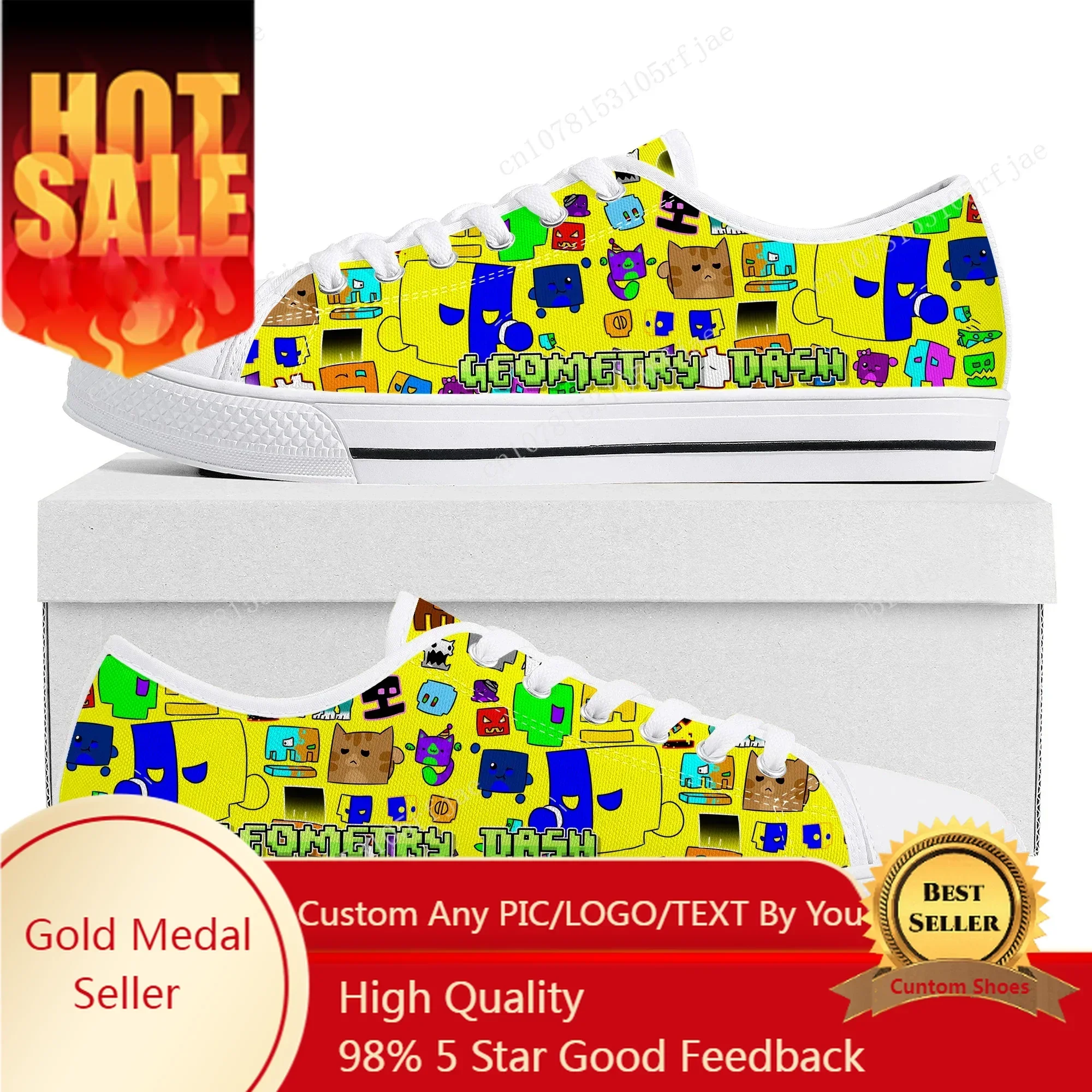 Geometry Dash Low Top Sneakers Cartoon Game Womens Mens Teenager Fashion Canvas Sneaker Couple Custom Built Shoes