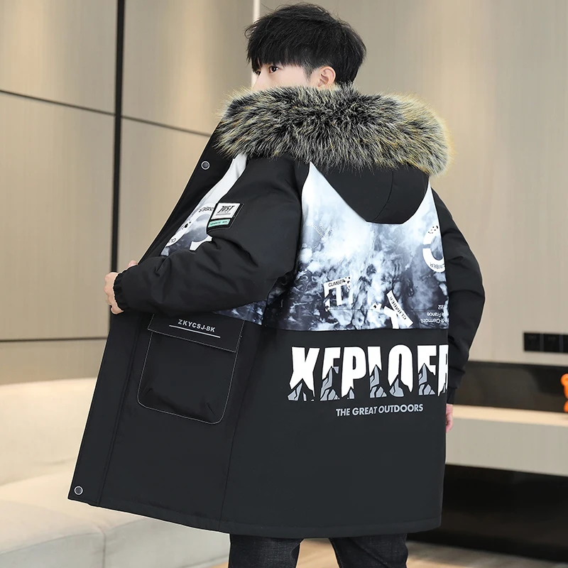 

New Mid-Length Men's Hooded Plush Jackets 2023 Winter Long Thickened Fleece Coats Outwear Fur Collar Detachable Warm Windbreaker