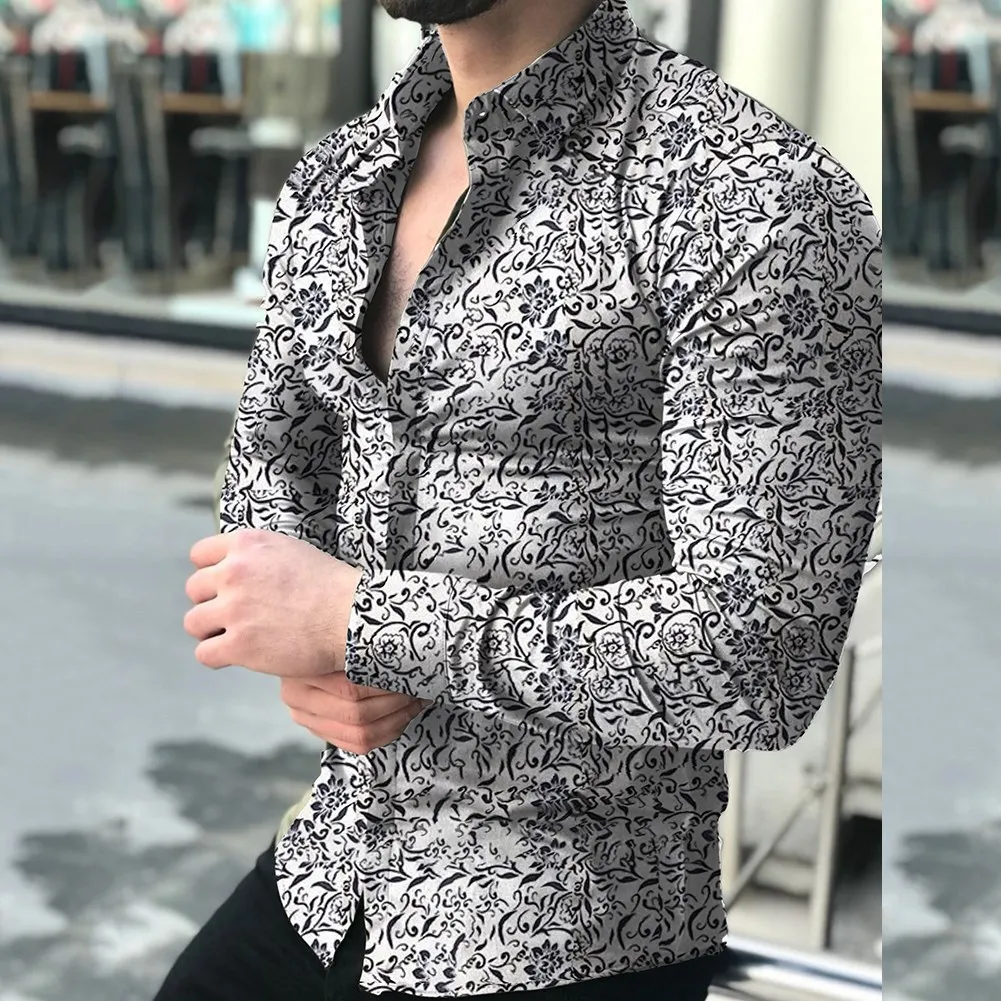 Fashion Men's Long Sleeve Floral Print Shirt Spring Autumn Loose Fit Travel Casual Pure Color Thickened Fleece Lined Stand Co...