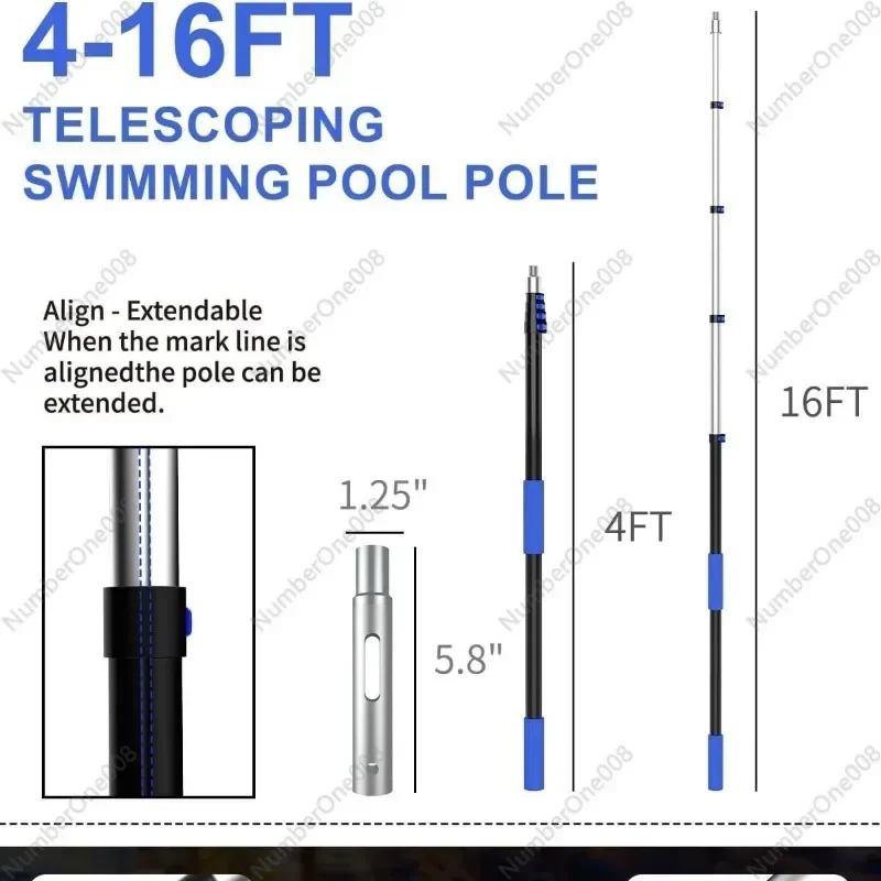 Pool Rod, Upgraded 16ft Professional Retractable Expandable Pool Rod Aluminum Heavy Duty, Adjustable Length 4 to 16