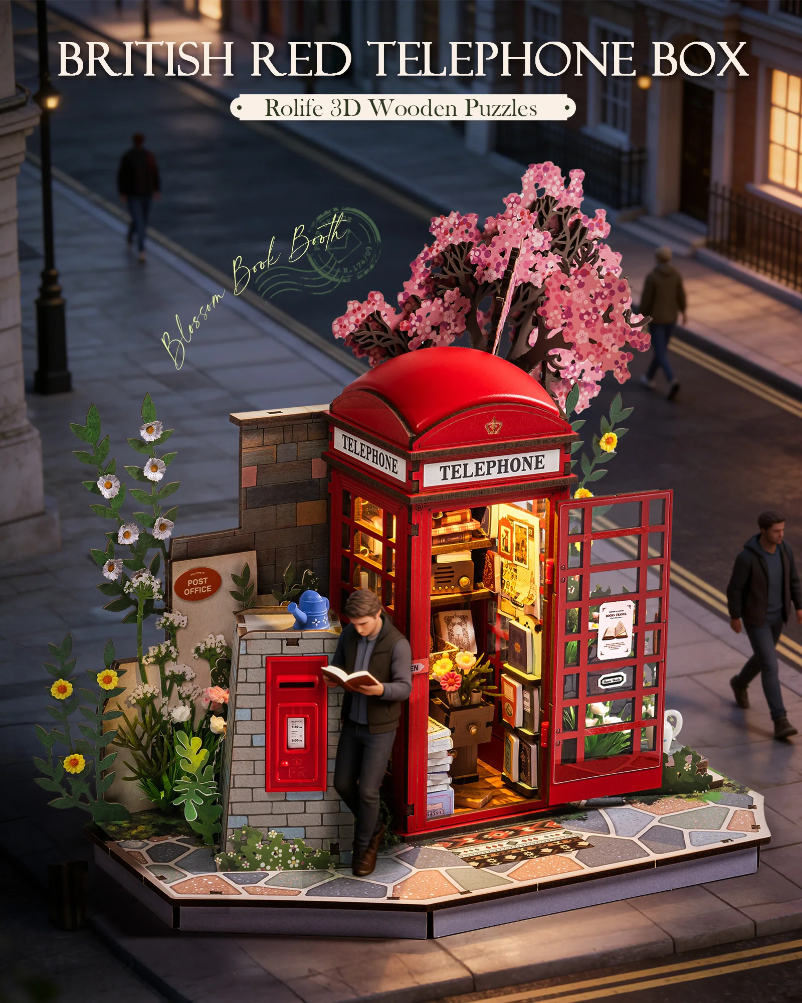 Rolife Wooden 3D Puzzle Blossom Book Booth DIY Miniature Dollhouse Kit with LED Light for Bookshelf Decor Gift for Adults Friends