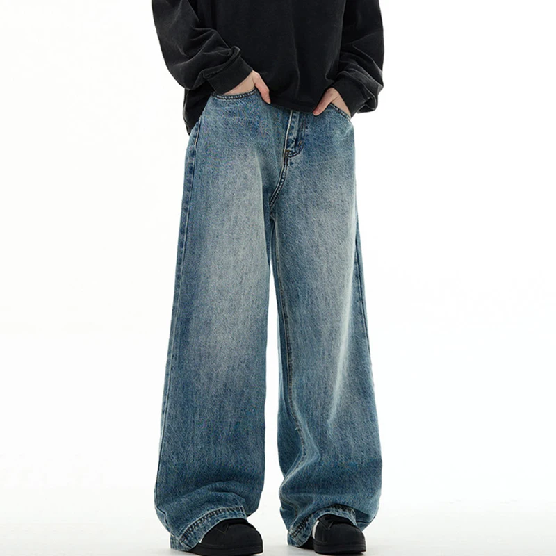 Novo lavado calças de brim retas masculinas na moda cor sólida estilo americano perna larga calças jeans versátil calças casuais