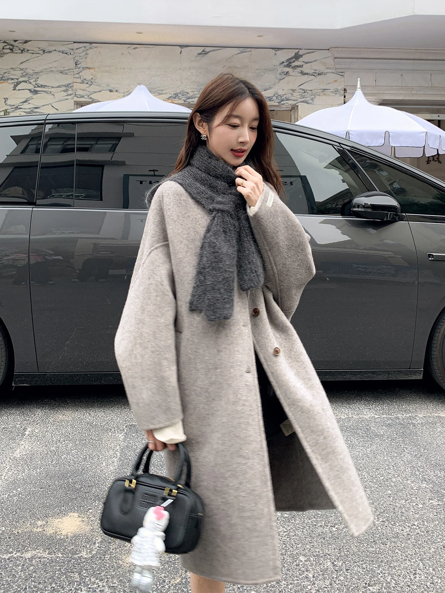 

Двусторонний шерстяной пальто-свитер для женщин, средней длины, с круглым вырезом, с шарфом, зимний, новый, тонкий, длинный, свободный...