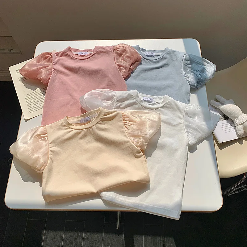 بلوزة بأكمام فقاعية بلون سادة للفتيات ، فستان الأميرة ، كم فانوس ، ريف ، كوري ، جديد ، صيف ، T ، من من من من قطعة واحدة