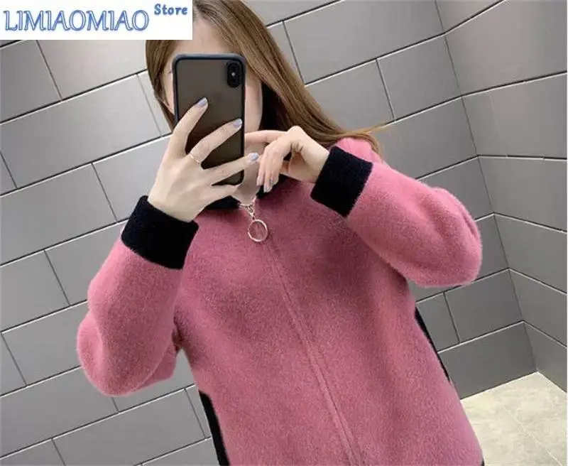 New Splicing Plush Short Coat Women Spring And Autumn Korean Loose Hooded Plush Cardigan Top Female Pink Zipper Trend 819