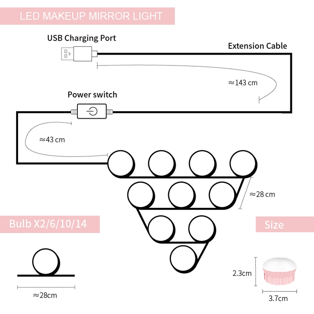 LED Mirror Light 5V Makeup Vanity Lamp toletta USB applique da parete 3 modalità lampadina cosmetica a colori lampada da trucco professionale a LED