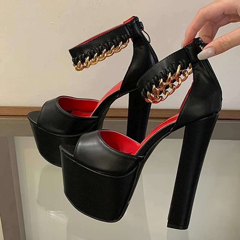 

Liyke Fashion Metal Chain Ankle Zip Strap Women Platform Sandals Sexy Peep Toe 16CM Thick High Heels Party Club Stripper Shoes