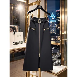 2024 Otoño Invierno nuevo temperamento de cintura alta A-line falda señoras moda cremallera Color sólido faldas delgadas ropa de mujer vestido