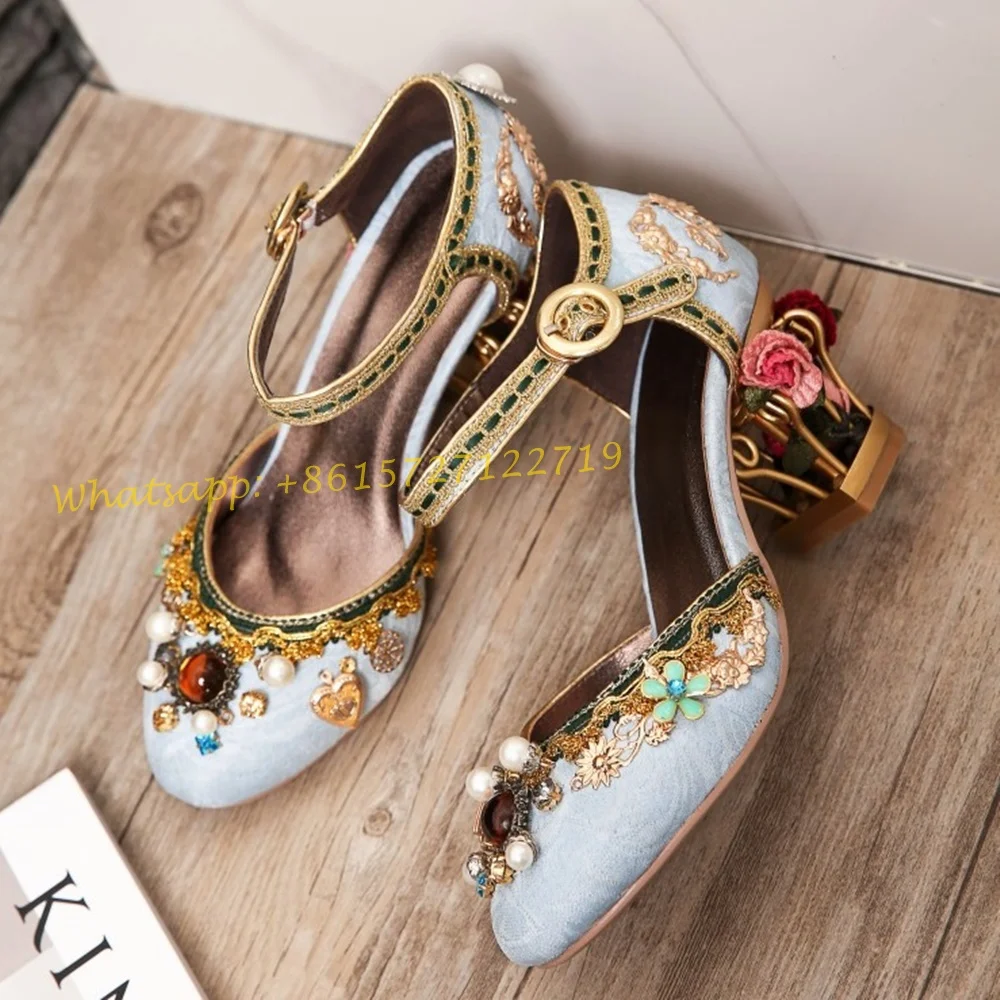 Retro Crystal Flower Cage Heel Pumps Pearl Suede Shoes Women Fretwork Heels Buckle Party 2022 Spring Elegant Appliques Pumps