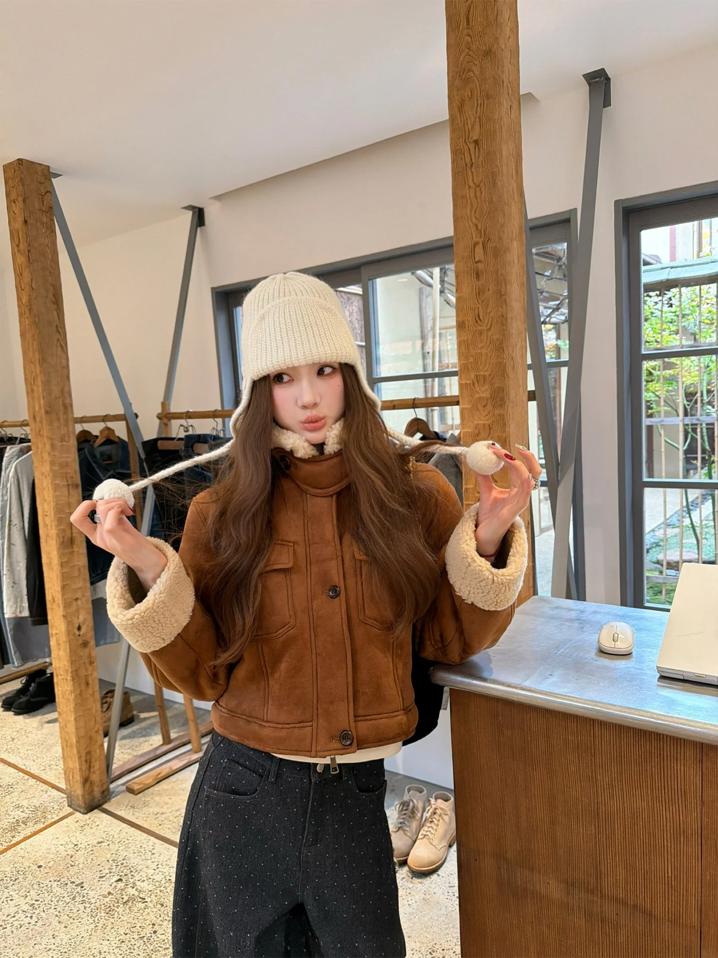 Aaaaxbbb ベックソン スエードジャケット ウール混紡 ショートコート ツートーン ファー裏地 秋冬 レディース カジュアルスタイル スタンダードフィット ジッパー