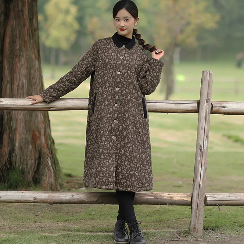 Women's Winter Dress Twill Cotton And Linen Floral Warm Sheep Cake Wool Long Coat literary thickened single breasted loose coat