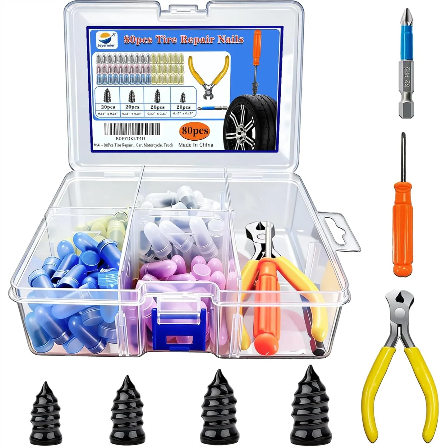 

80Pcs Tire Repair Rubber Nails Kit with 4 Sizes, Screw in Tire Plugs for Car, Motorcycle, Truck Emergency Fix