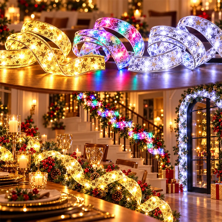 Polychrome 10~1m Gold/silver Christmas Ribbon Fairy Light Bow DIY Home Christmas New Year Window Holiday Lighting Decoration