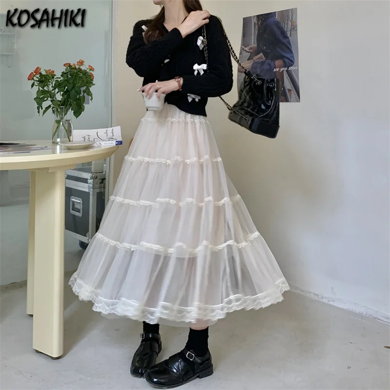 KOSAHIKI Sweet Mesh Skirts Womens Korean Chic Lace Long Ruffle Skirt 2024 New Ins Fashion Y2k Jupe Femme Japan Saia Mujer